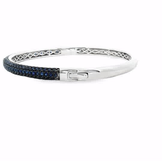 18K White Gold Bangle Featuring Royal Blue Sapphires and a Round Diamond. SKU DDI-300-10049 - Image 2