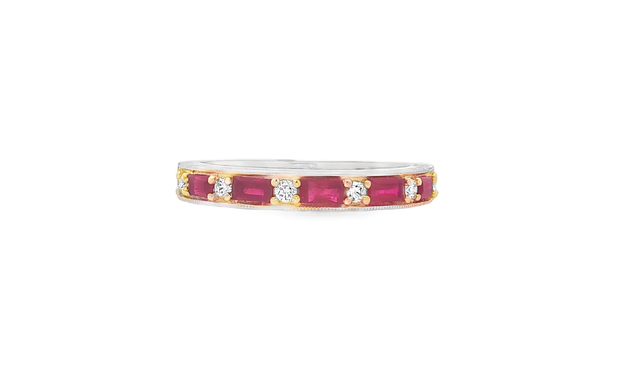 14kt yellow gold Ring with Ruby Baguettes with diamonds. SKU DDI-5-10167