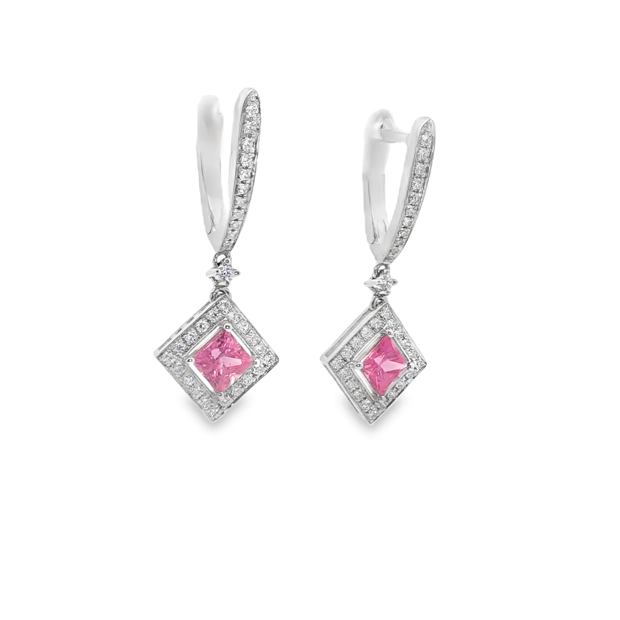Vivid Pink Sapphire Dangle Earrings in 14k White gold. SKU DDI-10-10088 - Image 2