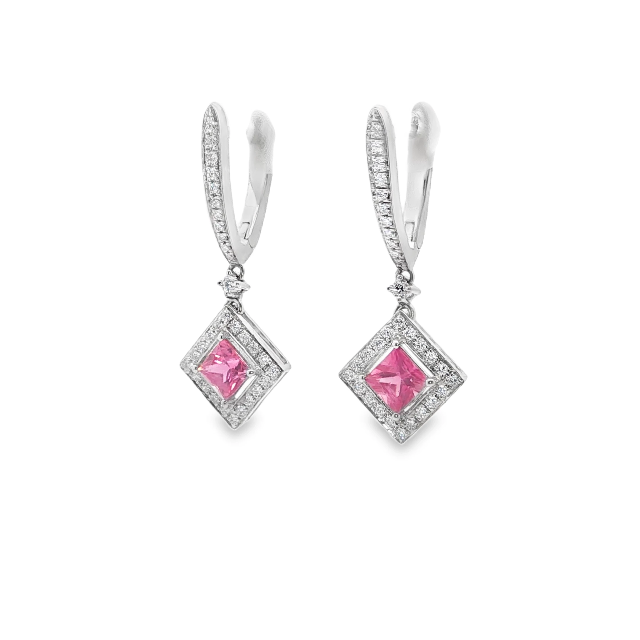 Vivid Pink Sapphire Dangle Earrings in 14k White gold. SKU DDI-10-10088 - Image 3