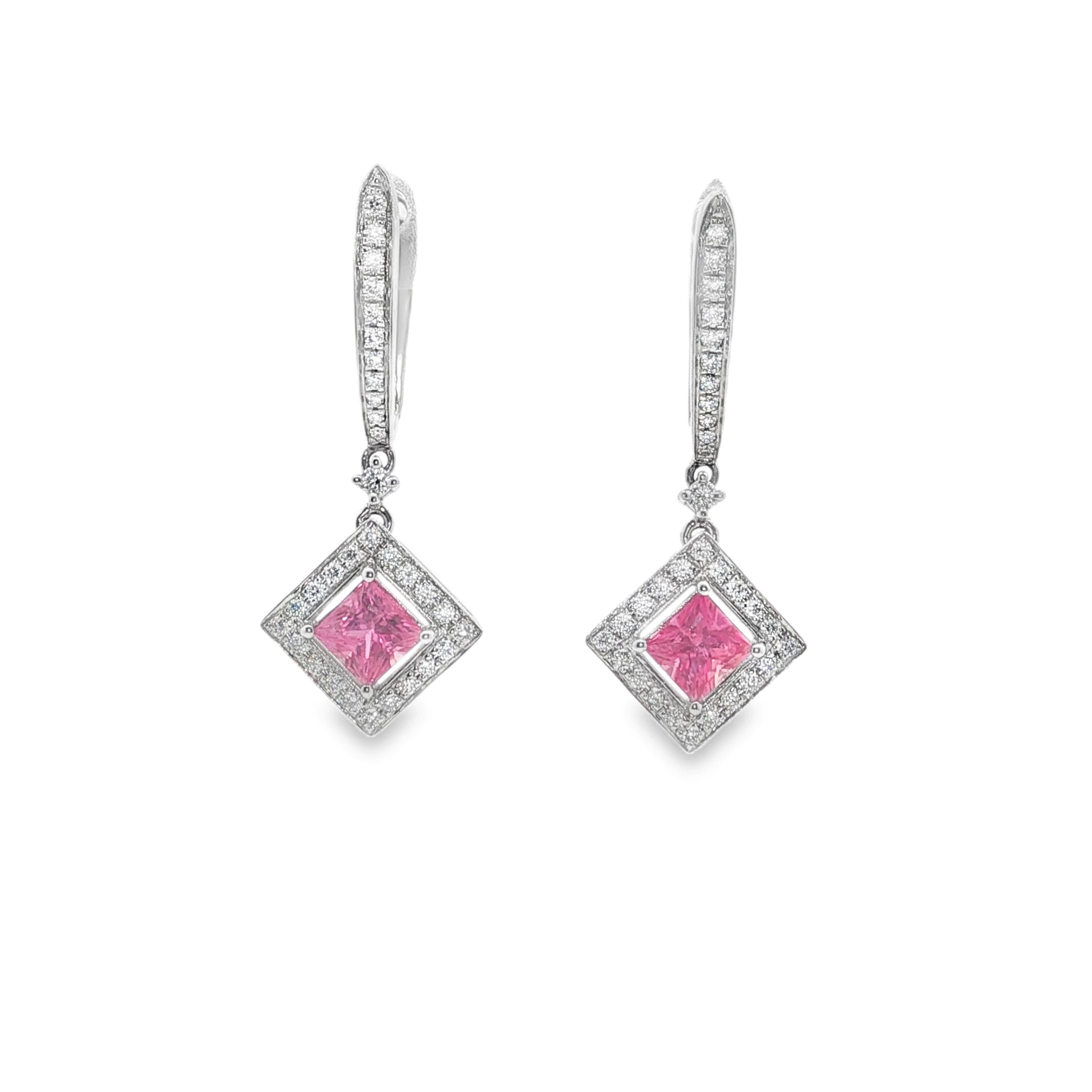 Vivid Pink Sapphire Dangle Earrings in 14k White gold. SKU DDI-10-10088