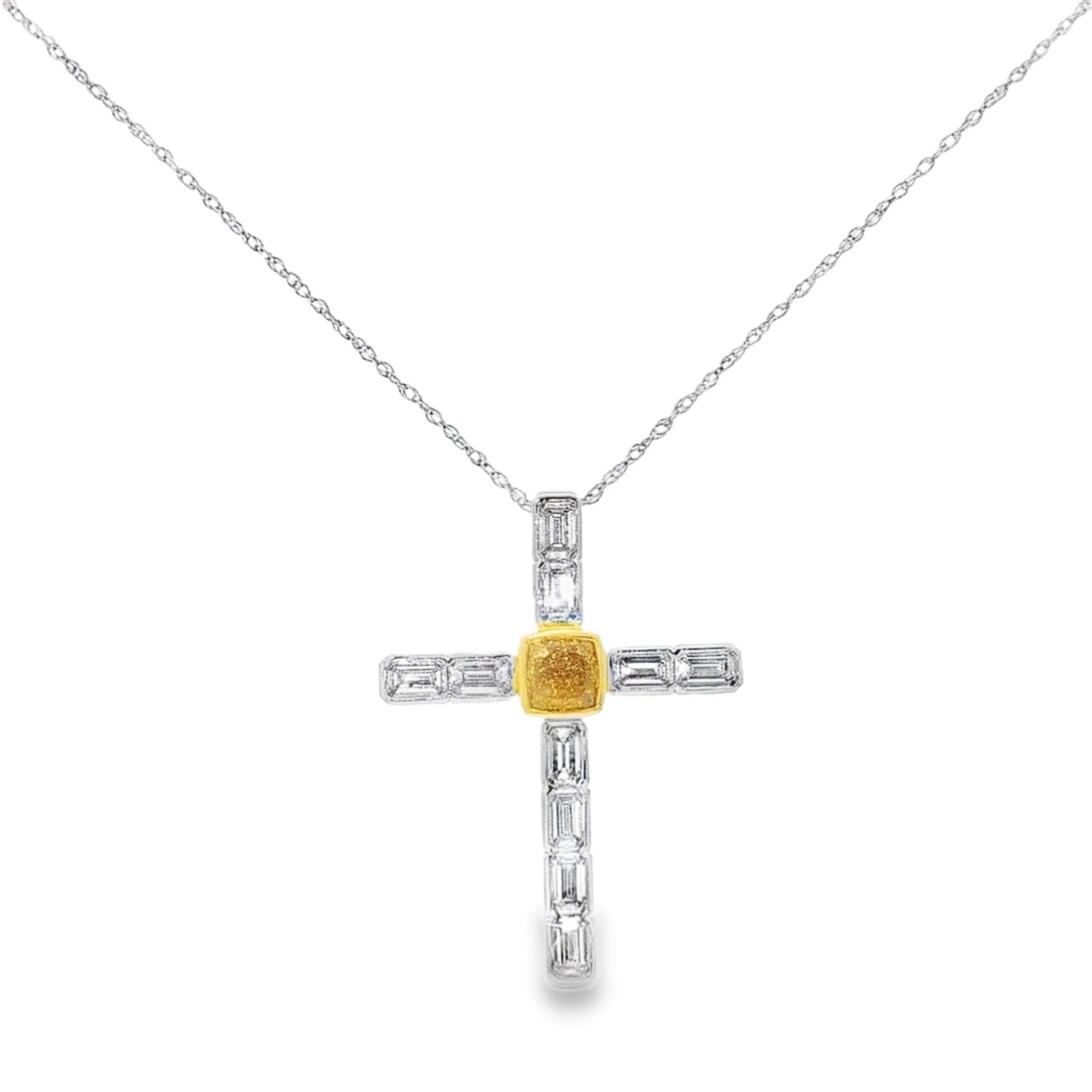 White Gold Diamond Cross Pendant Necklace with 0.76 Fancy intense Yellow Diamond SKU 2523