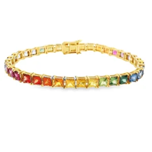 18 kt Gold Tennis Bracelet with Multi-Colored Square Cut Sapphires.  DDI-345-10041