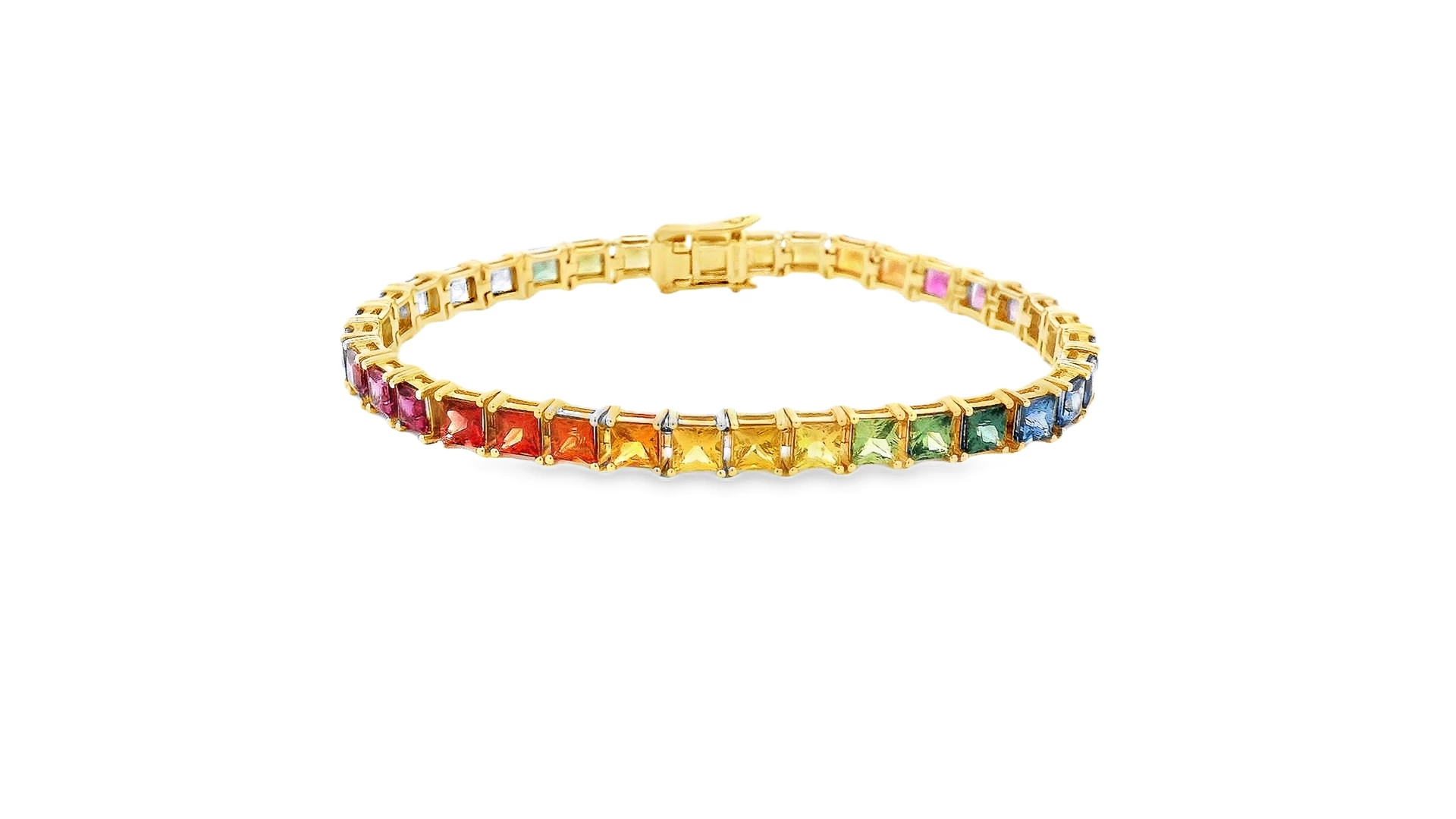 18 kt Gold Tennis Bracelet with Multi-Colored Square Cut Sapphires. DDI-345-10041