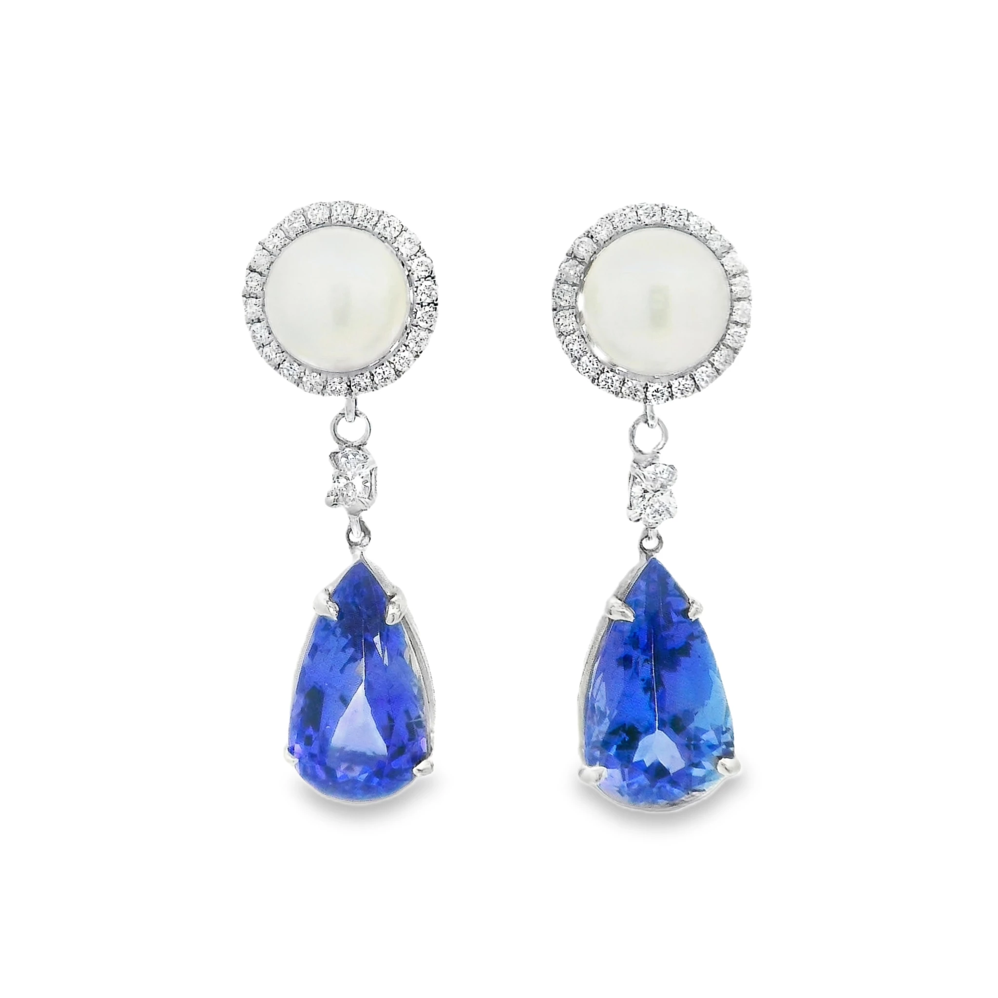 14kt White Gold pearl and diamond drop earrings with a Pear shaped Tanzanite. SKU DDI-590-10034