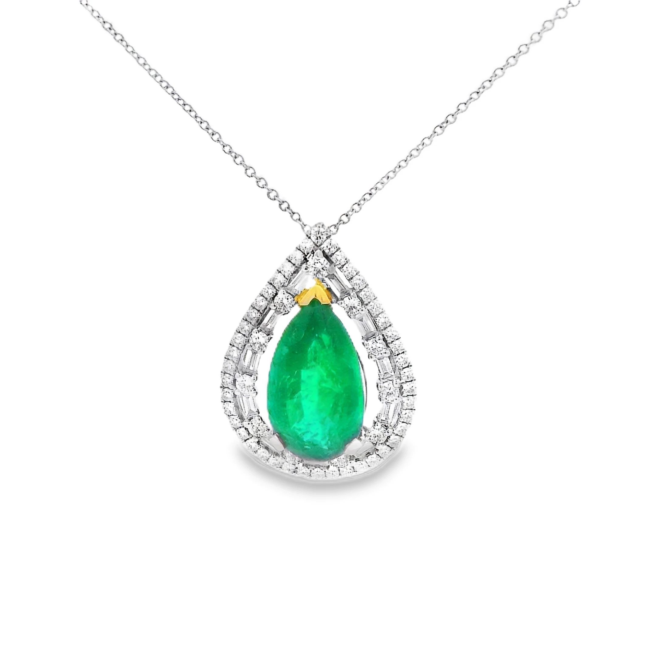 18kt White Gold Necklace with Pear-Shaped Emerald Charm. SKU DDi-1-10119/30-10122