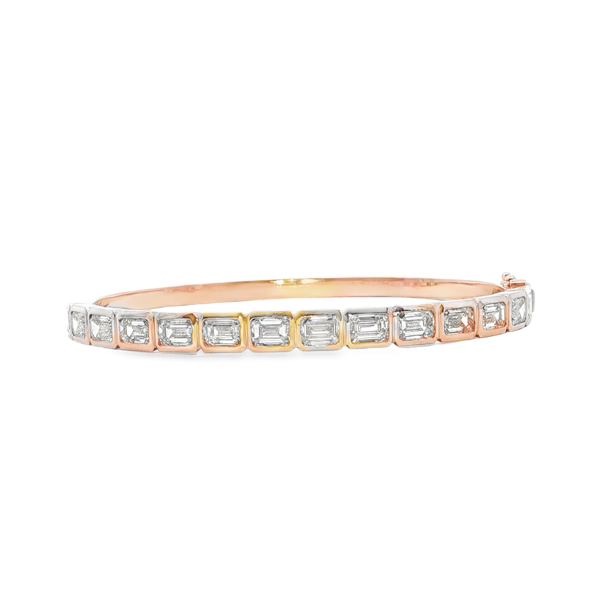 14kt Rose Gold Bangle with 7CT Emerald Cut Diamonds. SKU 1785