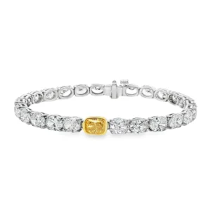18K White Gold Tennis Bracelet, 12.72ct GH Ovals with 0.90 Vivid Yellow Cushion Cut Diamond SKU 2143