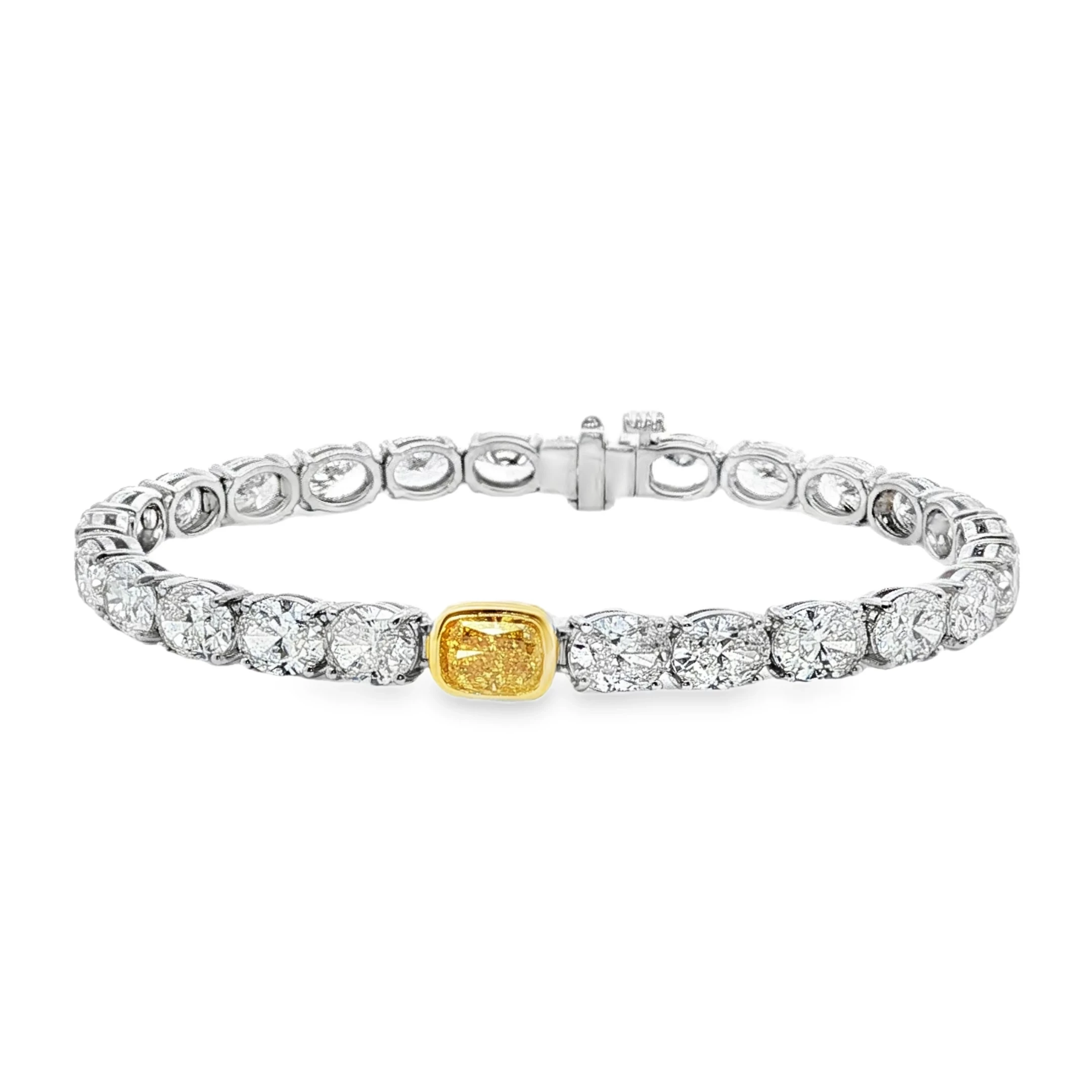 18K White Gold Tennis Bracelet, 12.72ct GH Ovals with 0.90 Vivid Yellow Cushion Cut Diamond SKU 2143