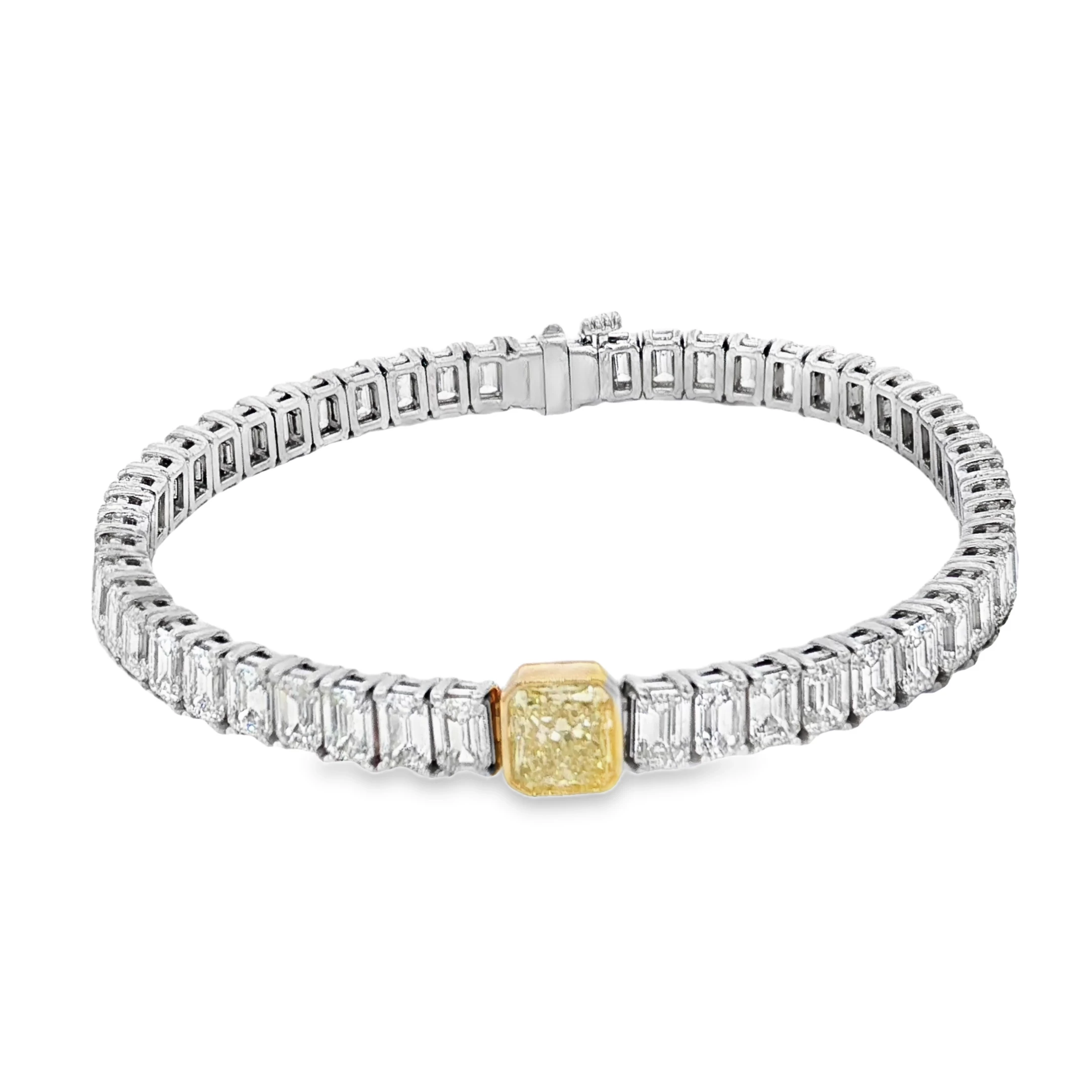 18K White Gold Tennis Bracelet with 51 EC stones (13.42 ct) and 1.00ct Fancy Intense Yellow Radiant Cut Diamond. SKU 2158 - Image 2