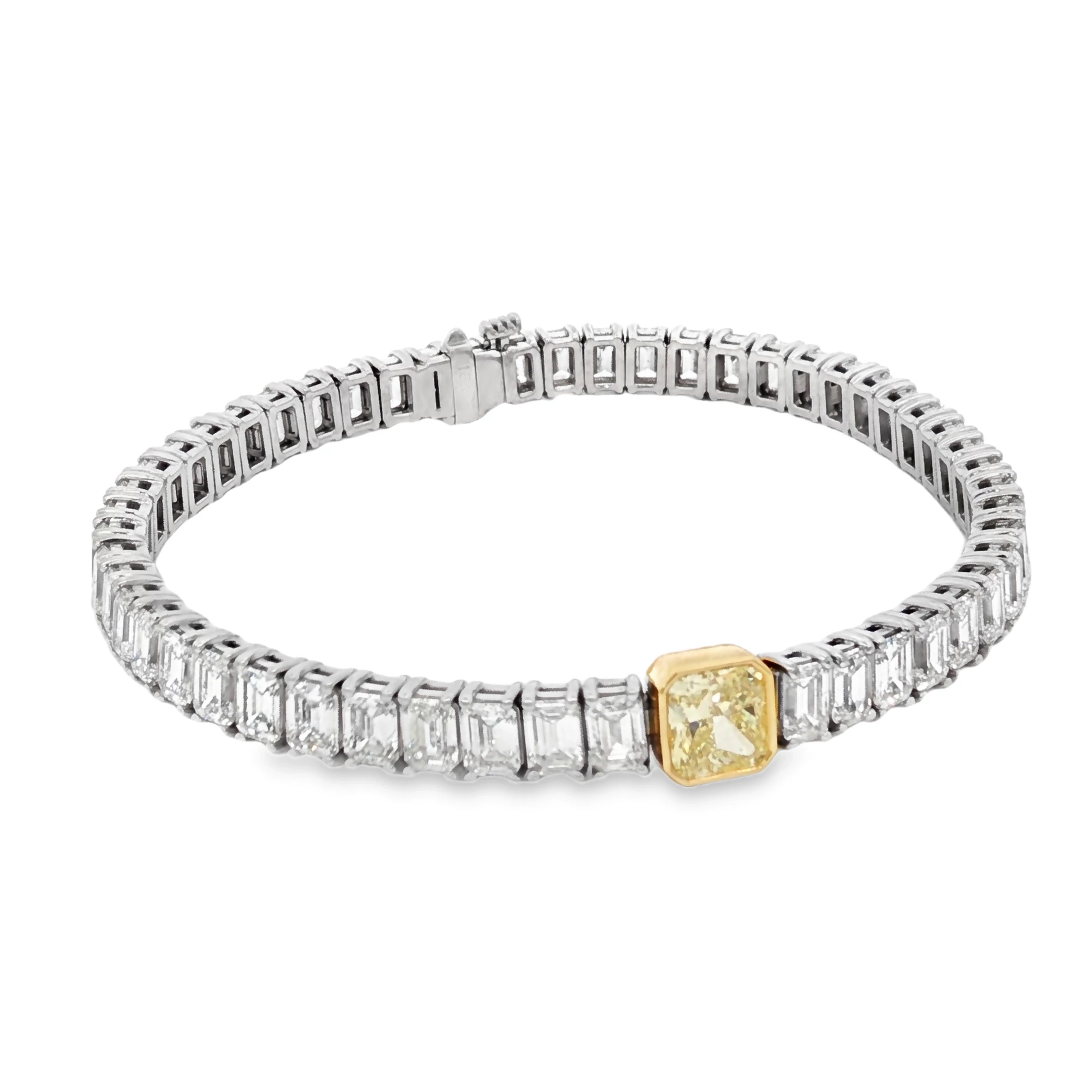 18K White Gold Tennis Bracelet with 51 EC stones (13.42 ct) and 1.00ct Fancy Intense Yellow Radiant Cut Diamond. SKU 2158