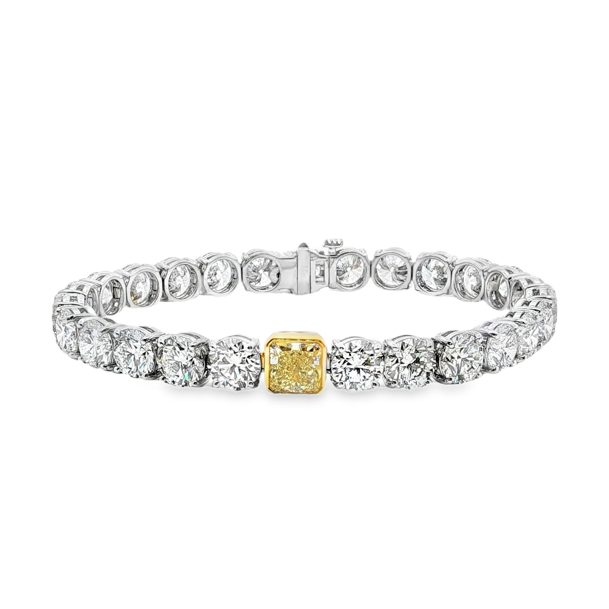18KWG Tennis Bracelet with 26CT Brilliant-Cut Diamonds and a 1.72 Fancy Yellow Diamond SKU 2311