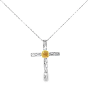 White Gold Diamond Cross Pendant Necklace with 0.76 Fancy intense Yellow Diamond. SKU 2523