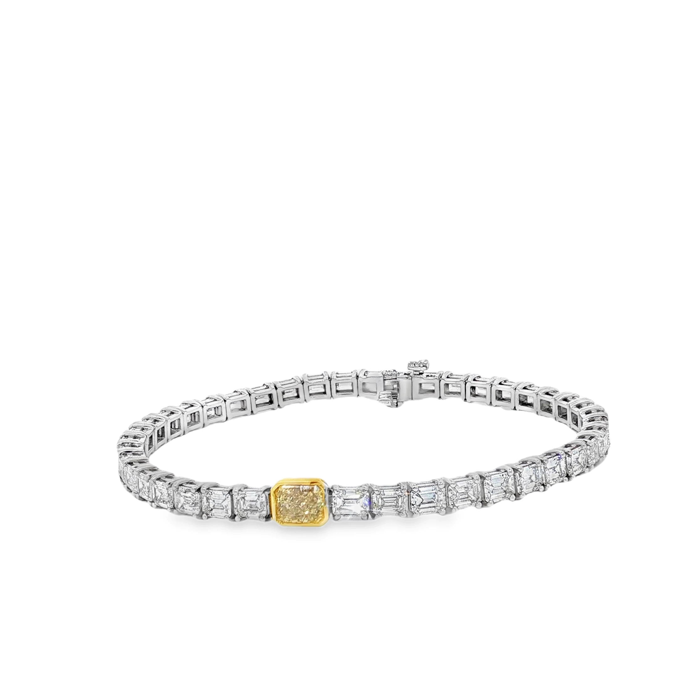 18K White Gold Tennis Bracelet with 0.790Fancy Yellow Radiant Cut Diamond and 41 emeralds. SKU 2676 - Image 2