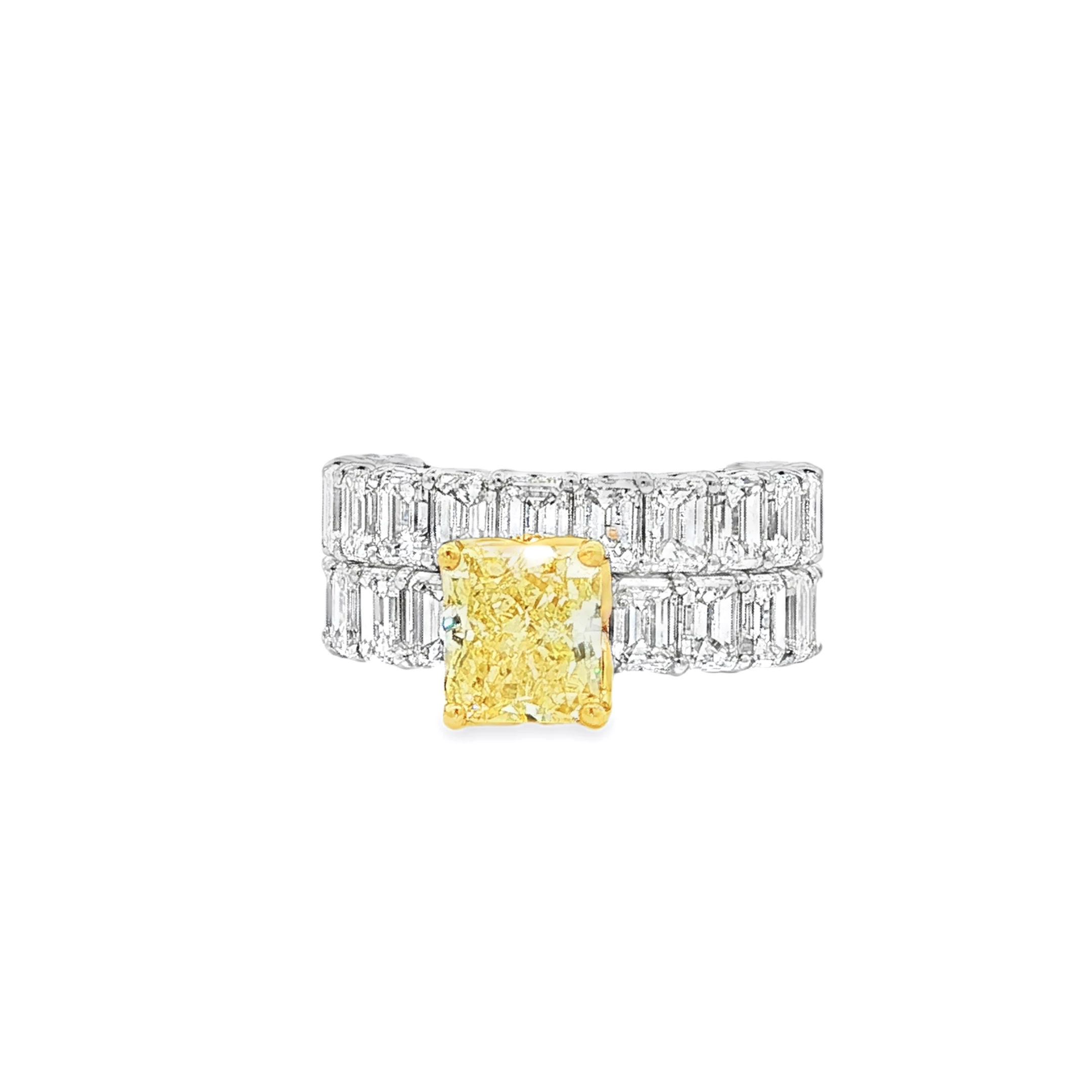 Fancy Yellow Radiant Cut Diamond Yellow Gold Multistone Ring. SKU 3078