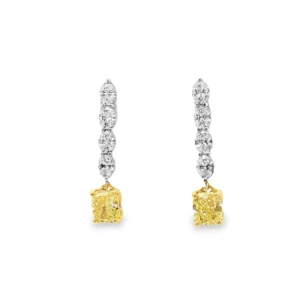 one of a kind matching Fancy Intense Yellow Cushion Cut Diamond Drop Earrings in 18K White Gold. SKU 3081