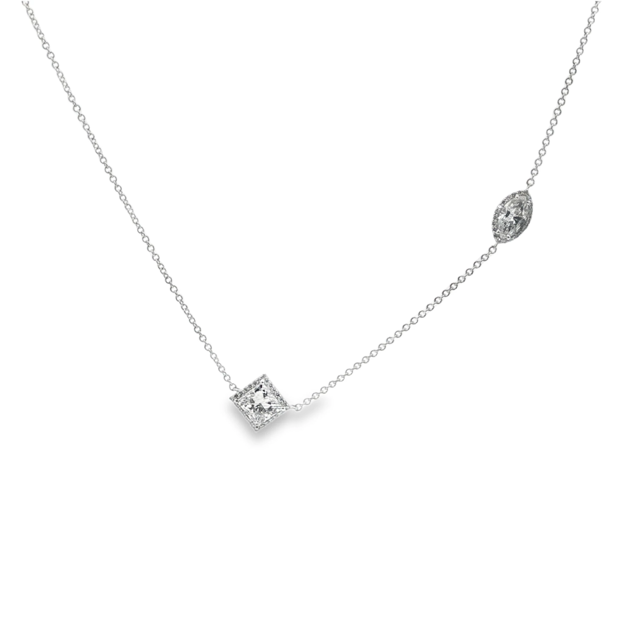 Princess Cut Diamond Necklace in White Gold on Silver Chain. SKU 4886