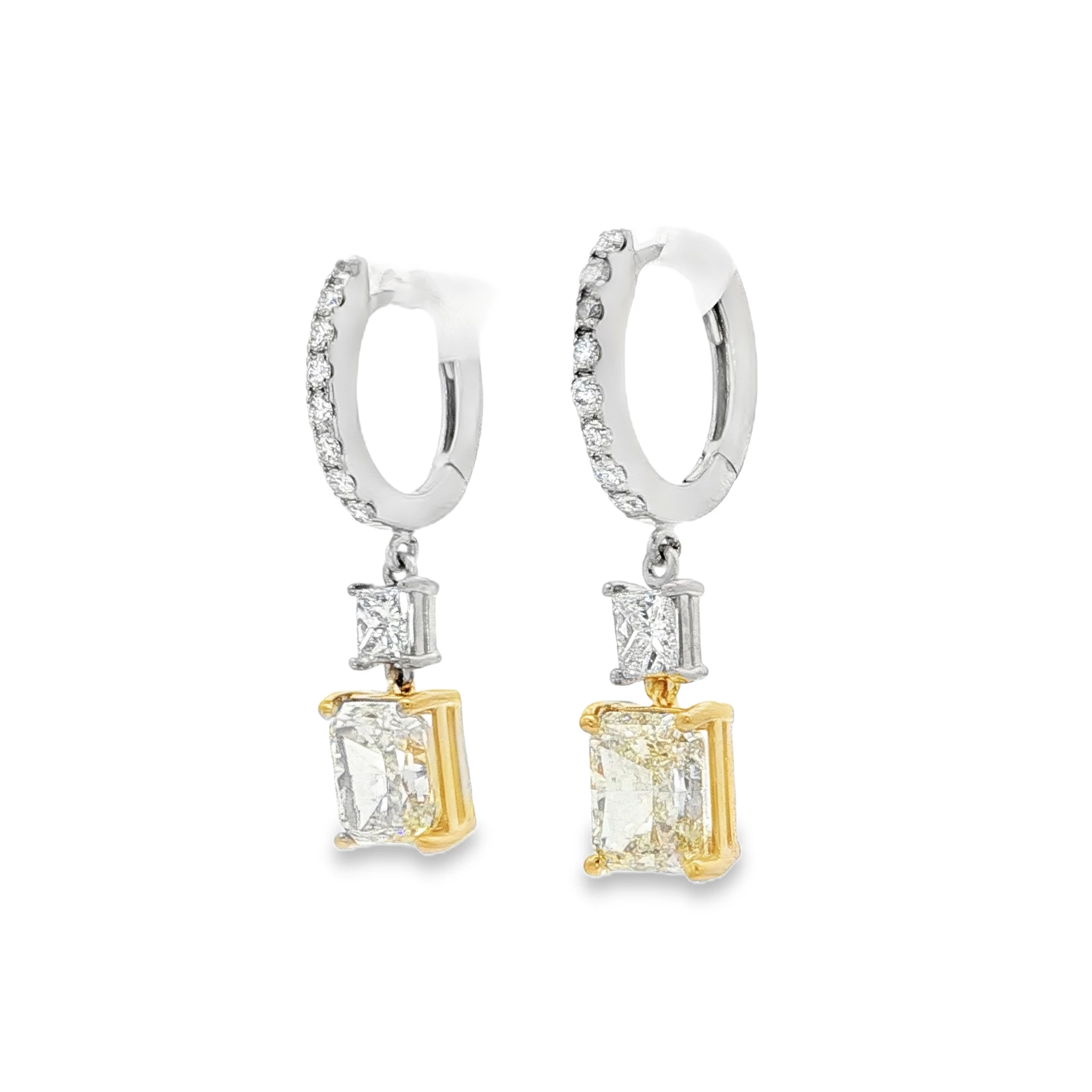 14kt two tone Gold Dangle Earrings with Radiant cut Fancy yellow. SKU DDI-10-10060 - Image 3