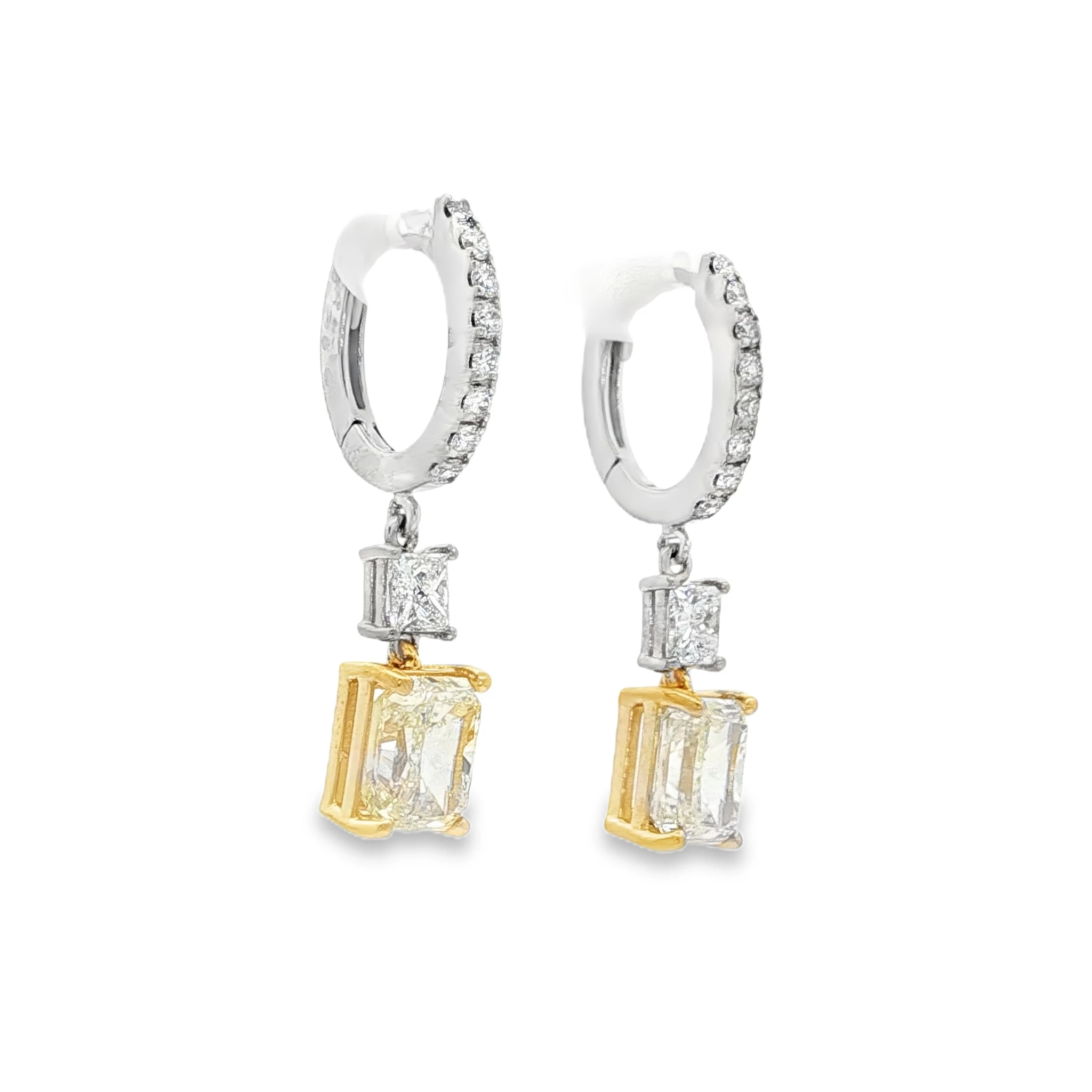 14kt two tone Gold Dangle Earrings with Radiant cut Fancy yellow. SKU DDI-10-10060 - Image 2