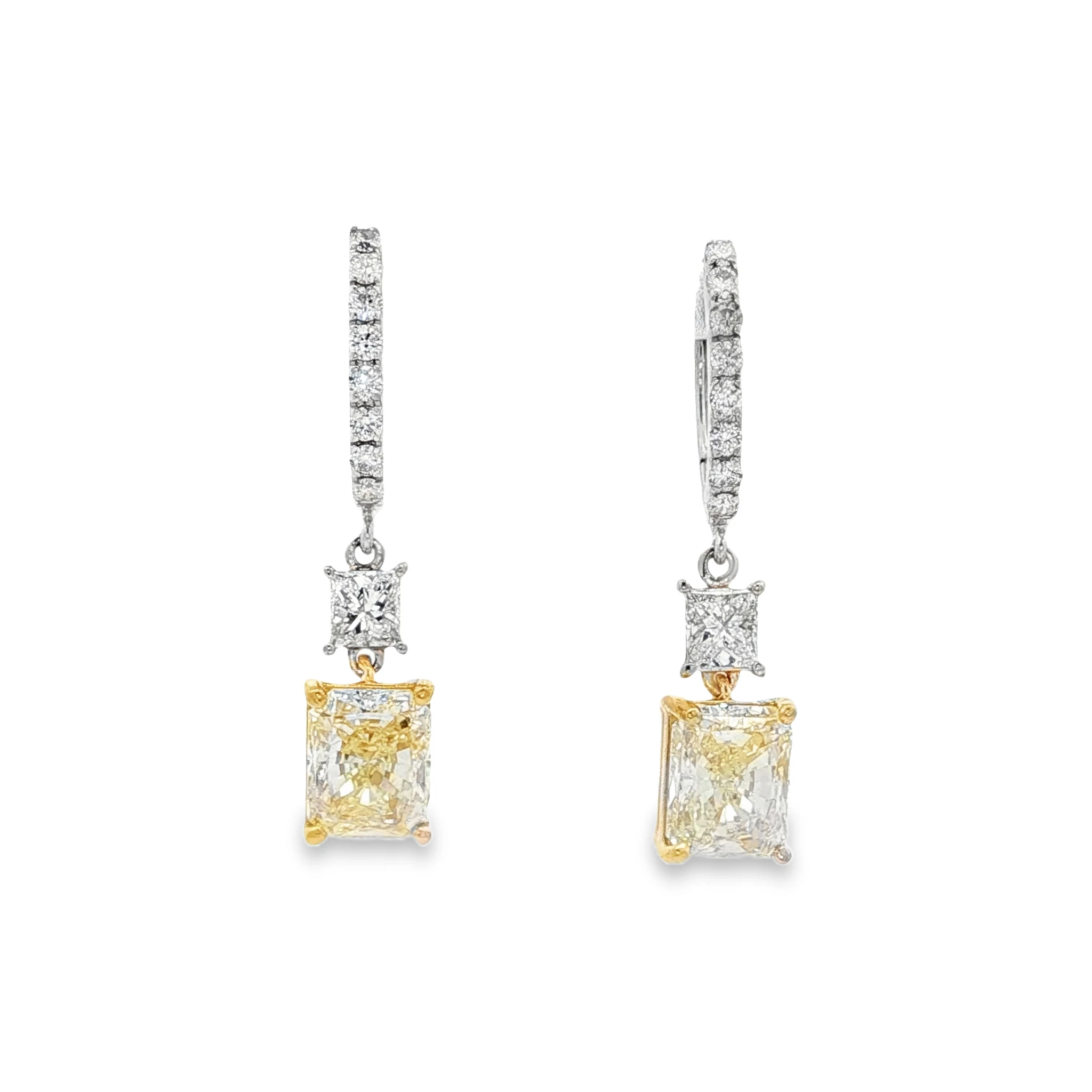 14kt two tone Gold Dangle Earrings with Radiant cut Fancy yellow. SKU DDI-10-10060