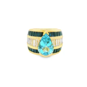 18kt yellow Gold Cocktail Ring with Pear-Shaped Aquamarine, sapphire and baguettes.. SKU DDI-5-10132
