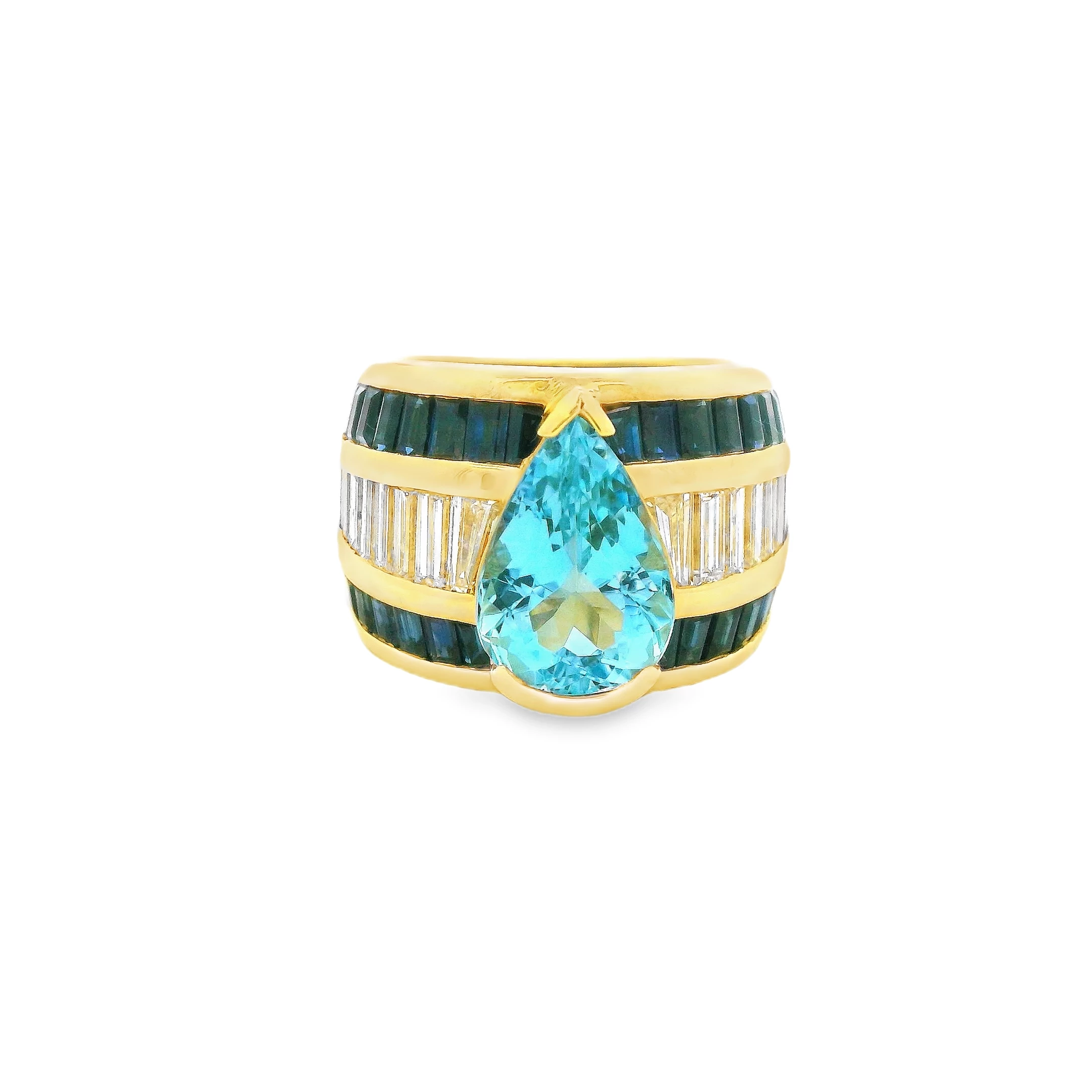 18kt yellow Gold Cocktail Ring with Pear-Shaped Aquamarine, sapphire and baguettes.. SKU DDI-5-10132