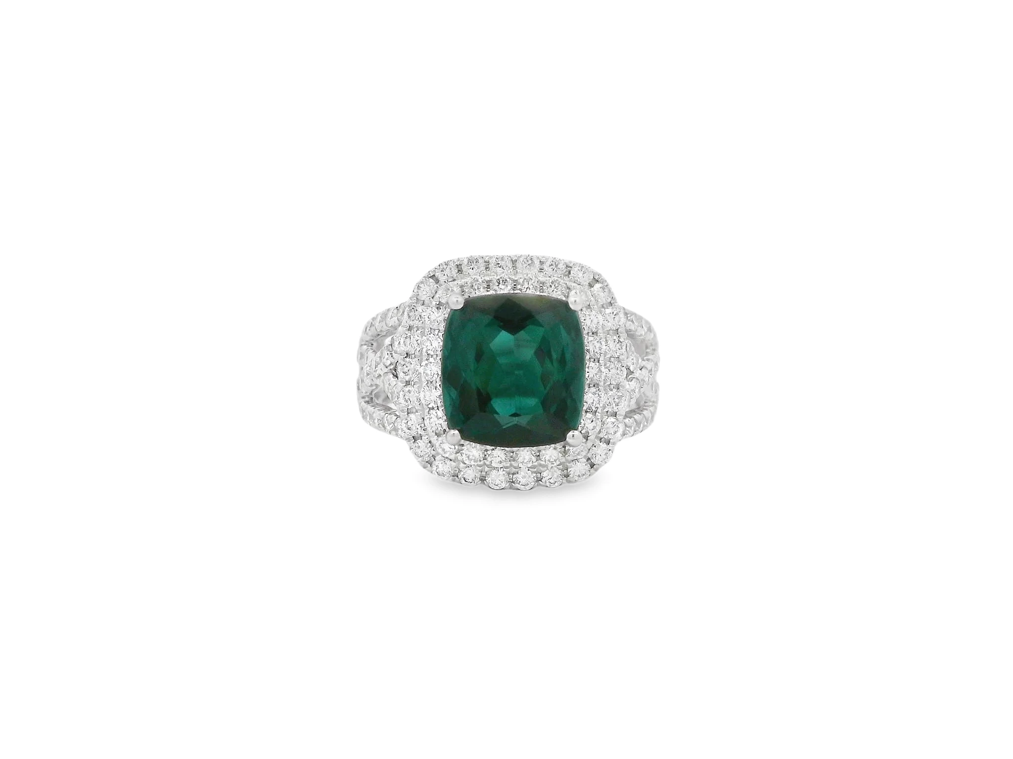 14 kt White Gold Cocktail Ring with Cushion-Cut Green Tourmaline. SKU DDI-5-10135/590-10018
