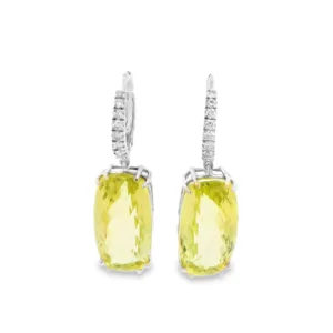 14kt White Gold Dangle Earrings with Cushion Lemon Quartz. SKU DDI-700-10006