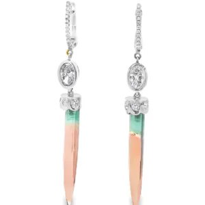 14kt White Gold Dangle Earrings with Diamond and Watermelon Tourmaline. SKU DDi-10-10007
