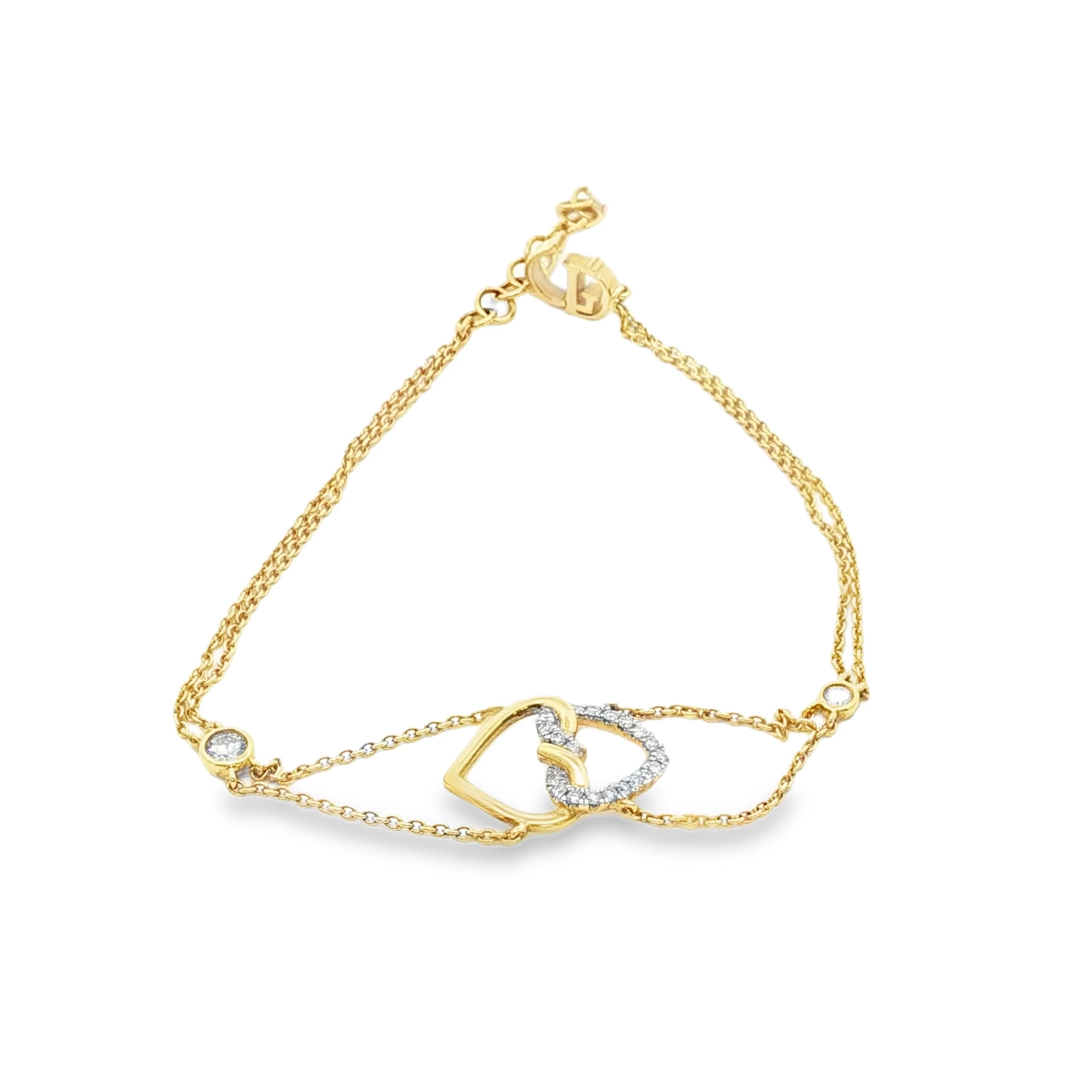 Yellow Gold Chain Bracelet with Interlocking Diamond Heart Charms. SKU GD-BHeart-FM