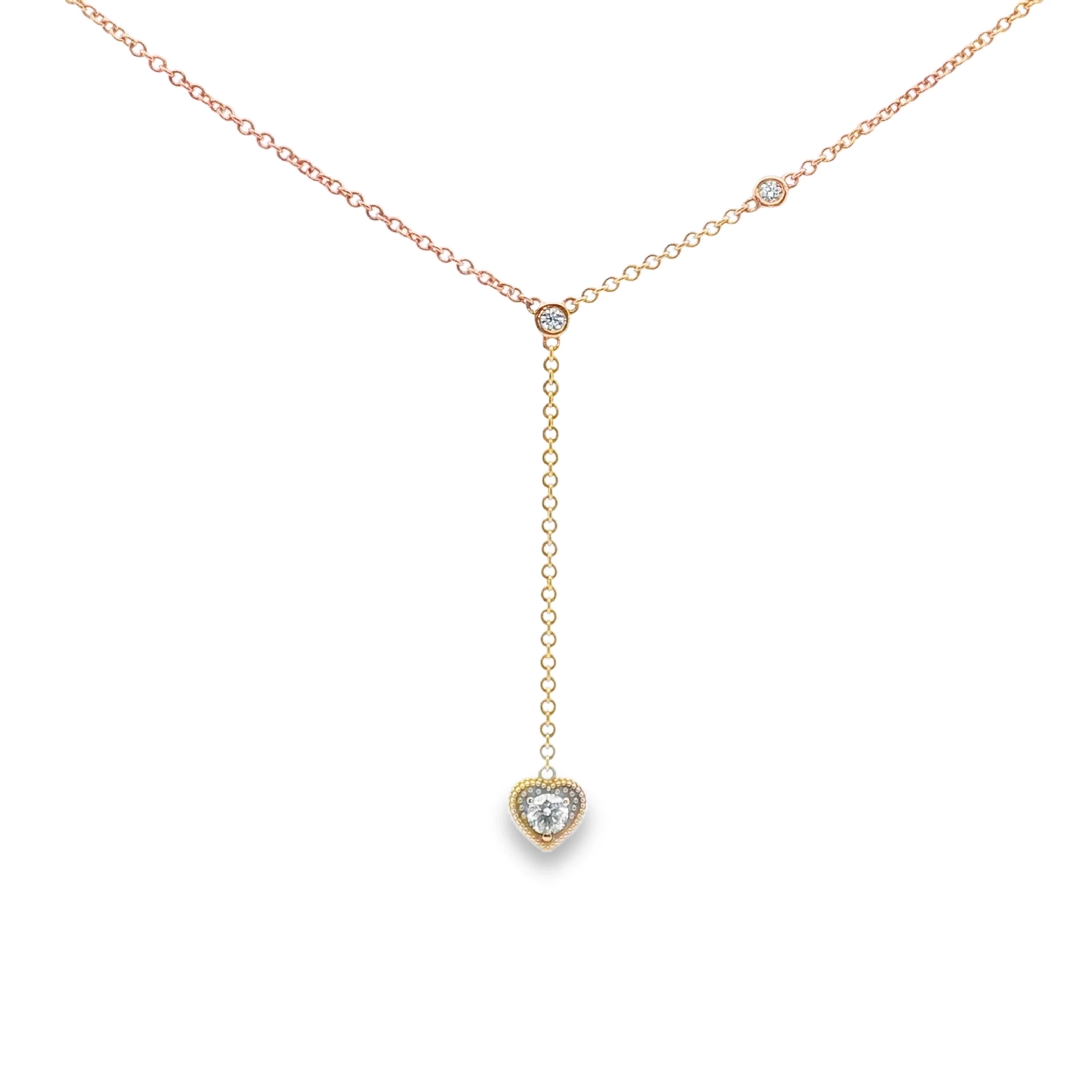 Rose Gold Charm Necklace with Heart-Shaped Diamond Pendant. SKU GD-N26-HS-RG