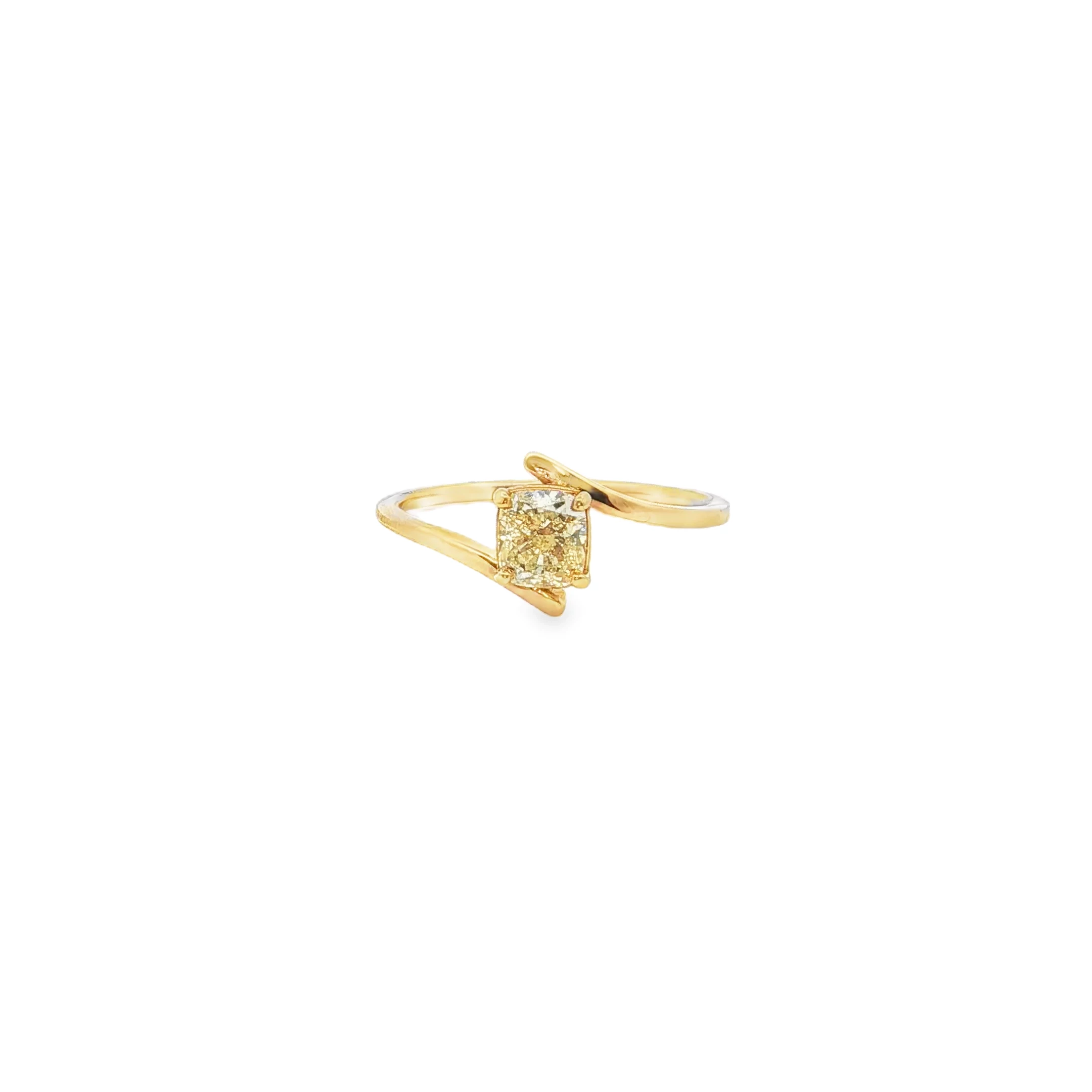 Fancy Yellow Cushion Cut Diamond Solitaire Ring in Yellow Gold. SKU GD-R140-YG