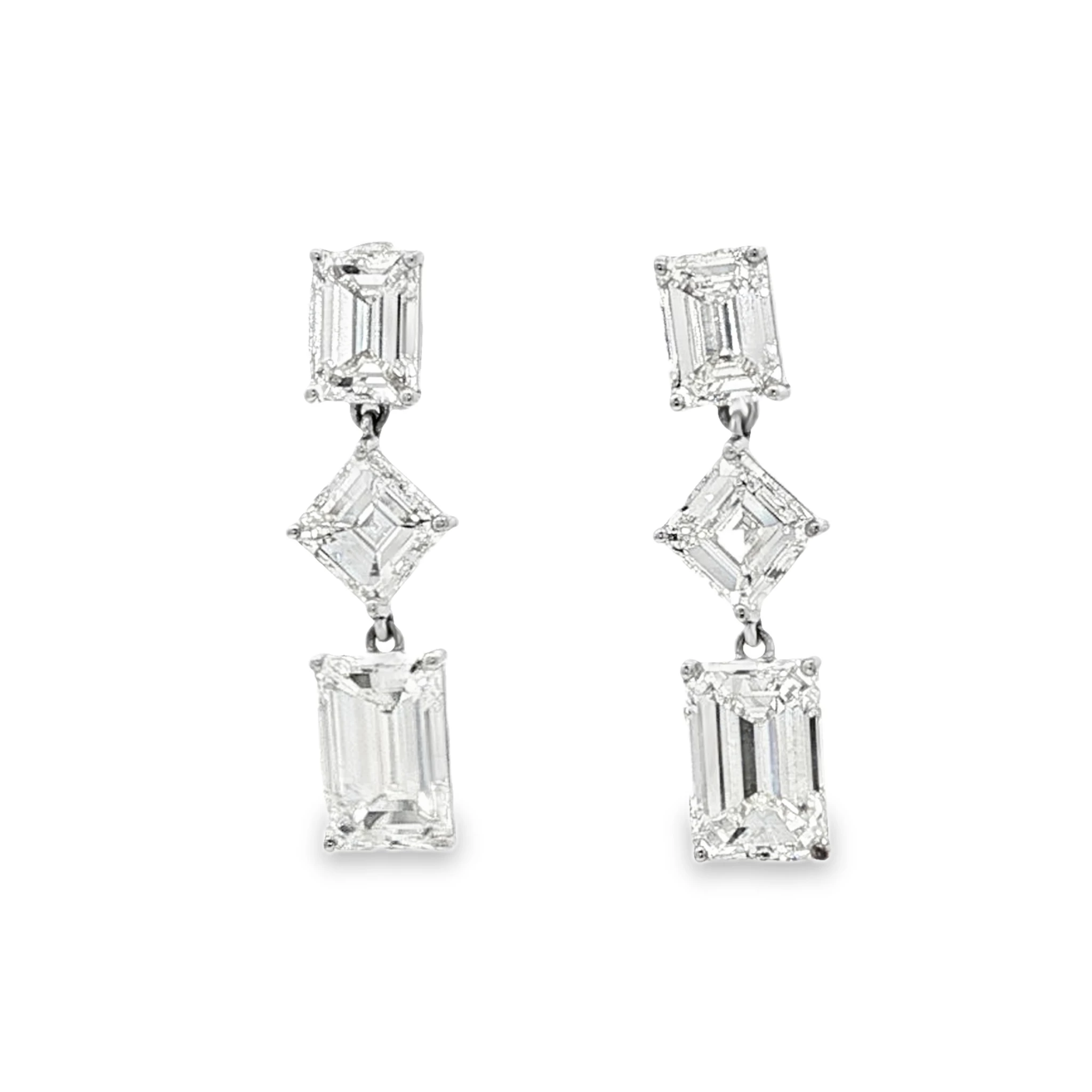 18K White Gold Dangle Earrings with ALL GIA Emerald Cut Diamonds