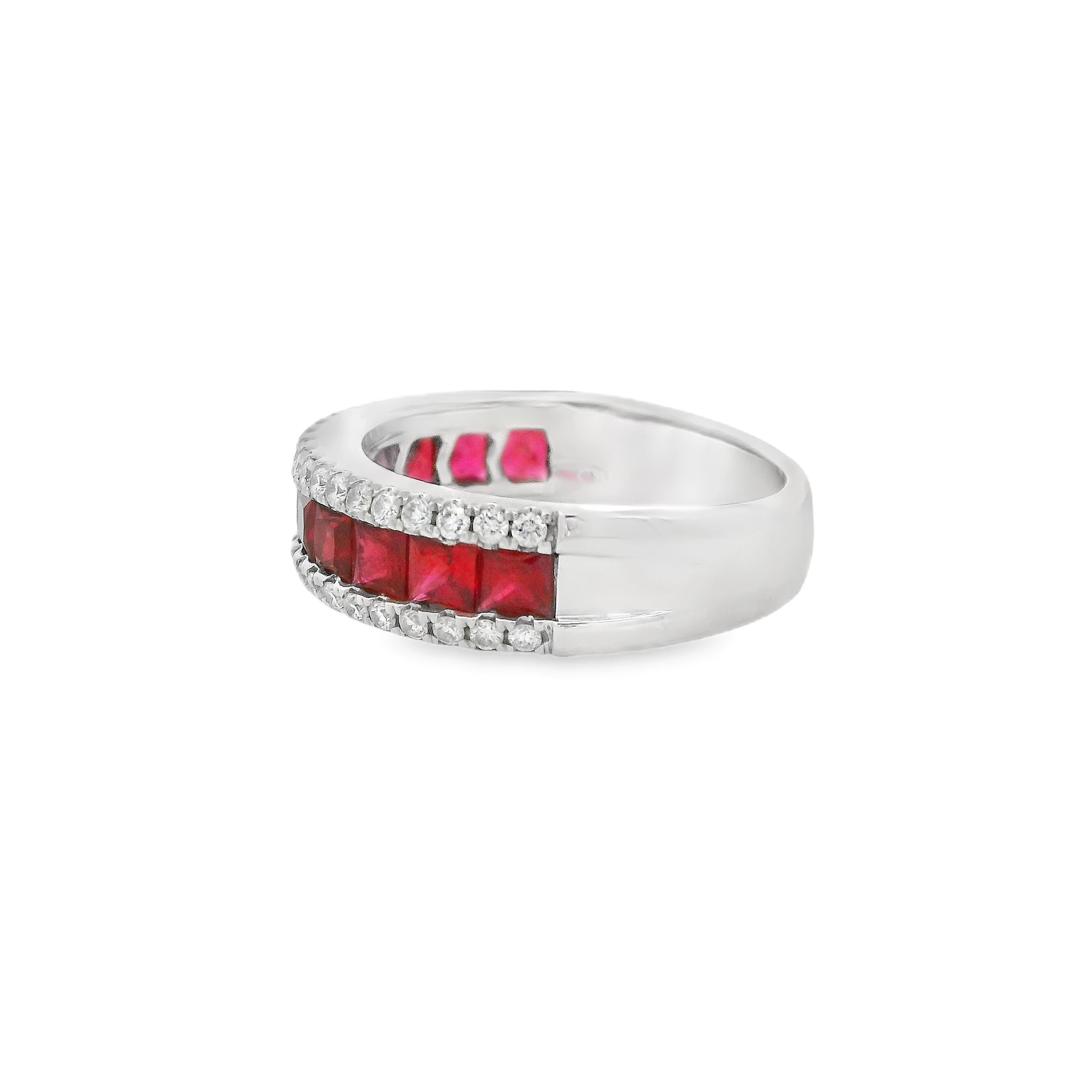 18kt White Gold Eternity Band with Square Step-Cut Rubies and diamonds