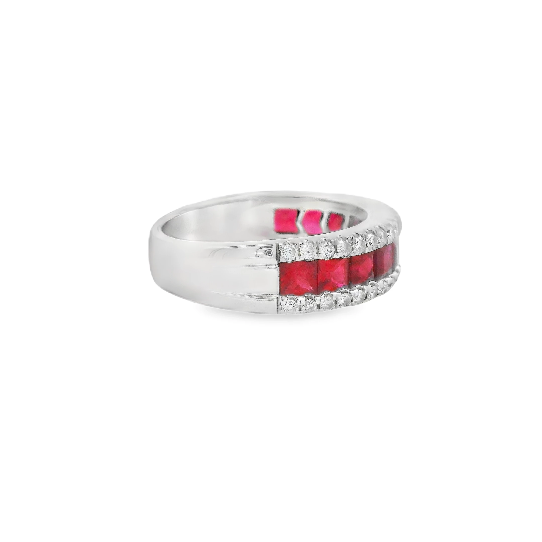 18kt White Gold Eternity Band with Square Step-Cut Rubies and diamonds