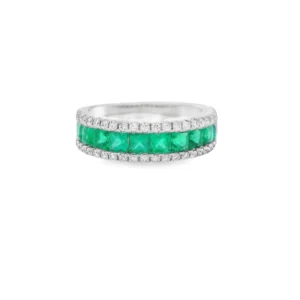 18kt White Gold Eternity Ring with Square Emeralds and diamonds