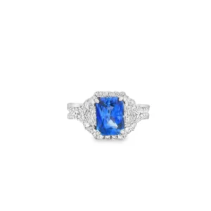 18kt White Gold Ring with Emerald Cut Royal Blue Sapphire