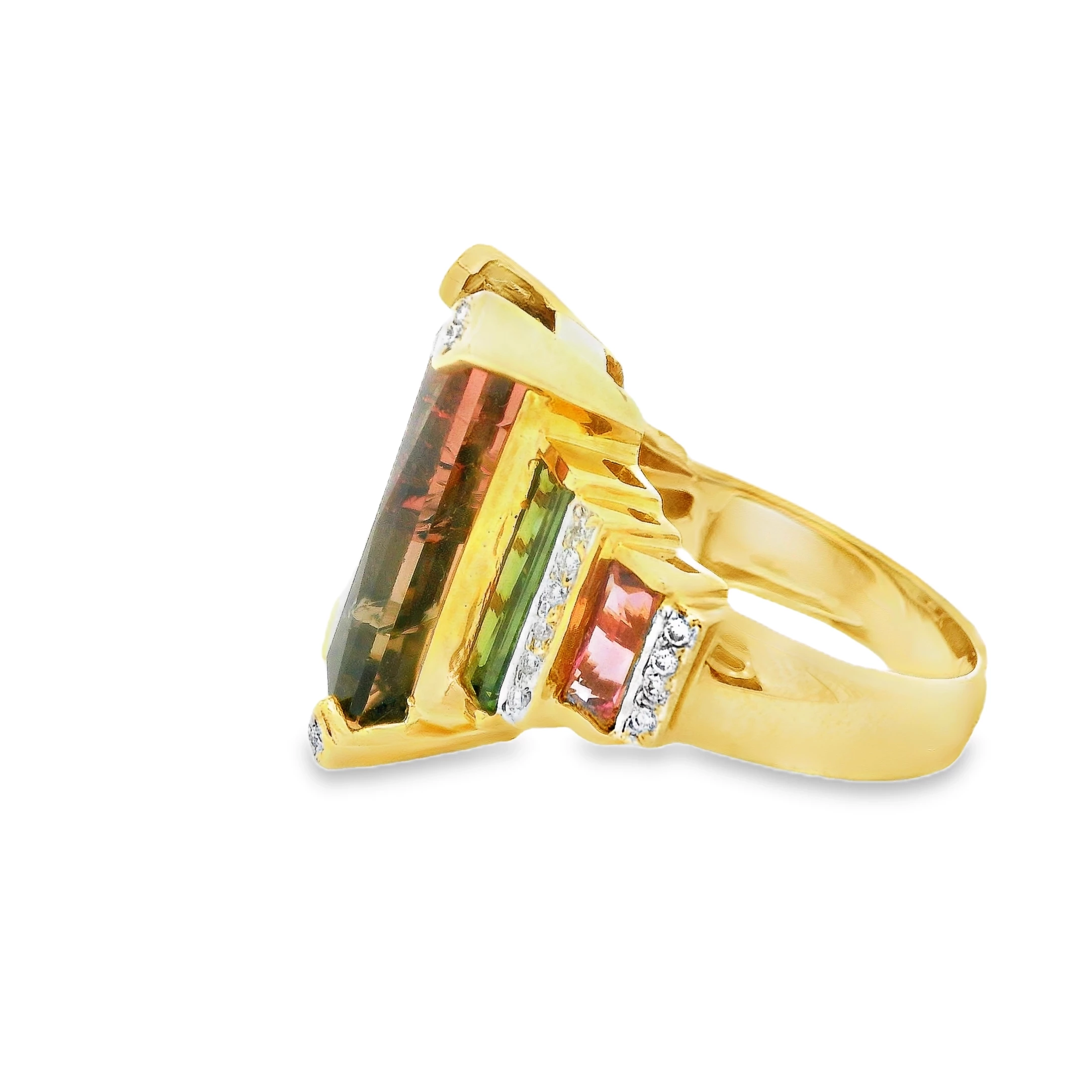 18kt yellow Gold Cocktail Ring with Emerald-Cut watermelon Tourmaline Gemstone