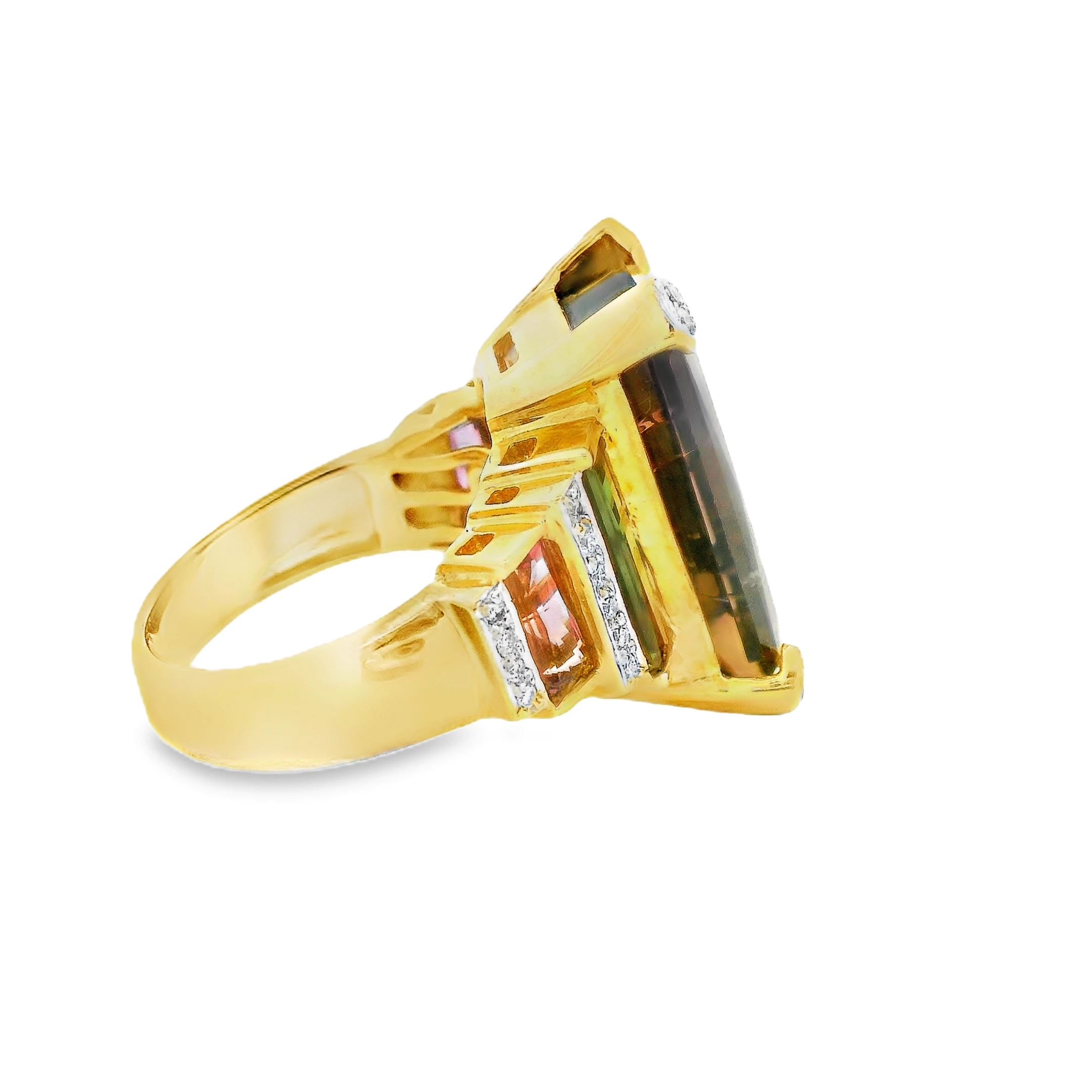 18kt yellow Gold Cocktail Ring with Emerald-Cut watermelon Tourmaline Gemstone