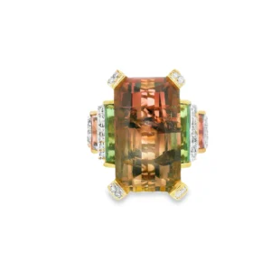 18kt yellow Gold Cocktail Ring with Emerald-Cut watermelon Tourmaline Gemstone