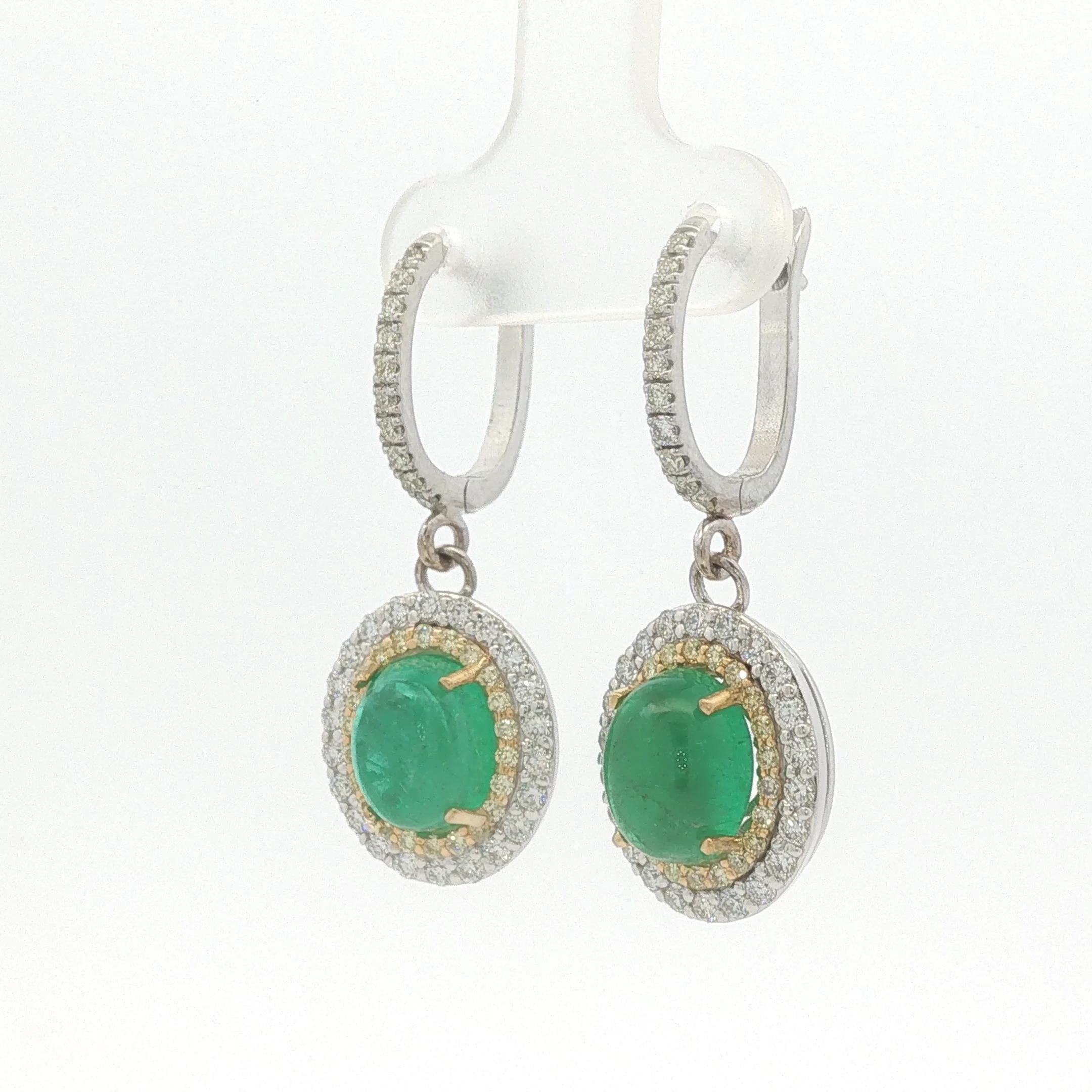 Cabochon Emerald Double Halo Drop Earrings in White Gold