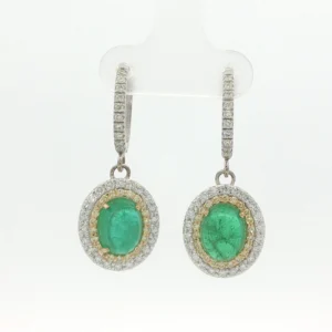 Cabochon Emerald Double Halo Drop Earrings in White Gold