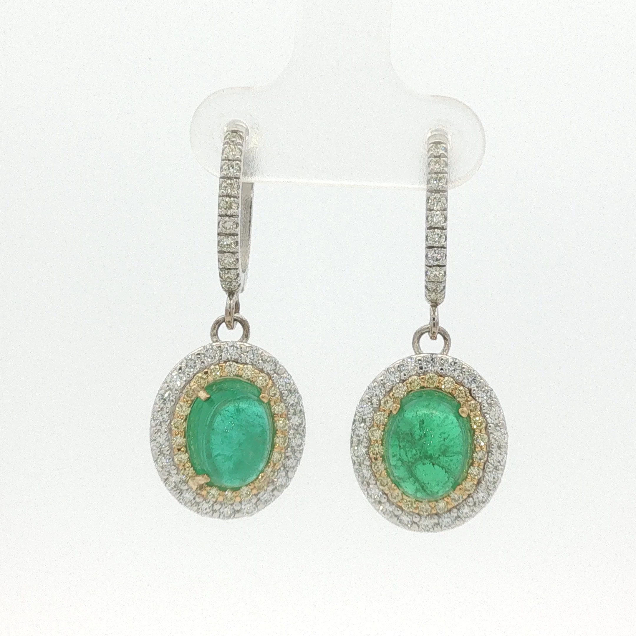 Cabochon Emerald Double Halo Drop Earrings in White Gold