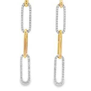 14kt in Two-tone Dangle Earrings with Round Cut Diamonds. Elevate your style with these chic 14kt two tone white & yellow gold dangle earrings. The brilliant round diamonds add a touch of sparkle, making these earrings a perfect blend of modern design and classic elegance. Ideal for any occasion, these earrings will enhance your look with sophistication and charm. Diamond weight- 0.52ct