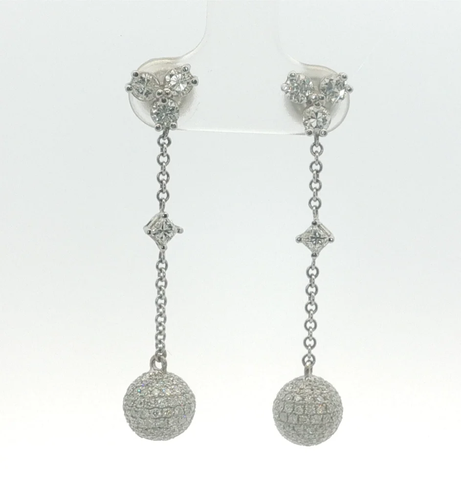 Diamond Pave Sphere Drop Earrings in White Gold
