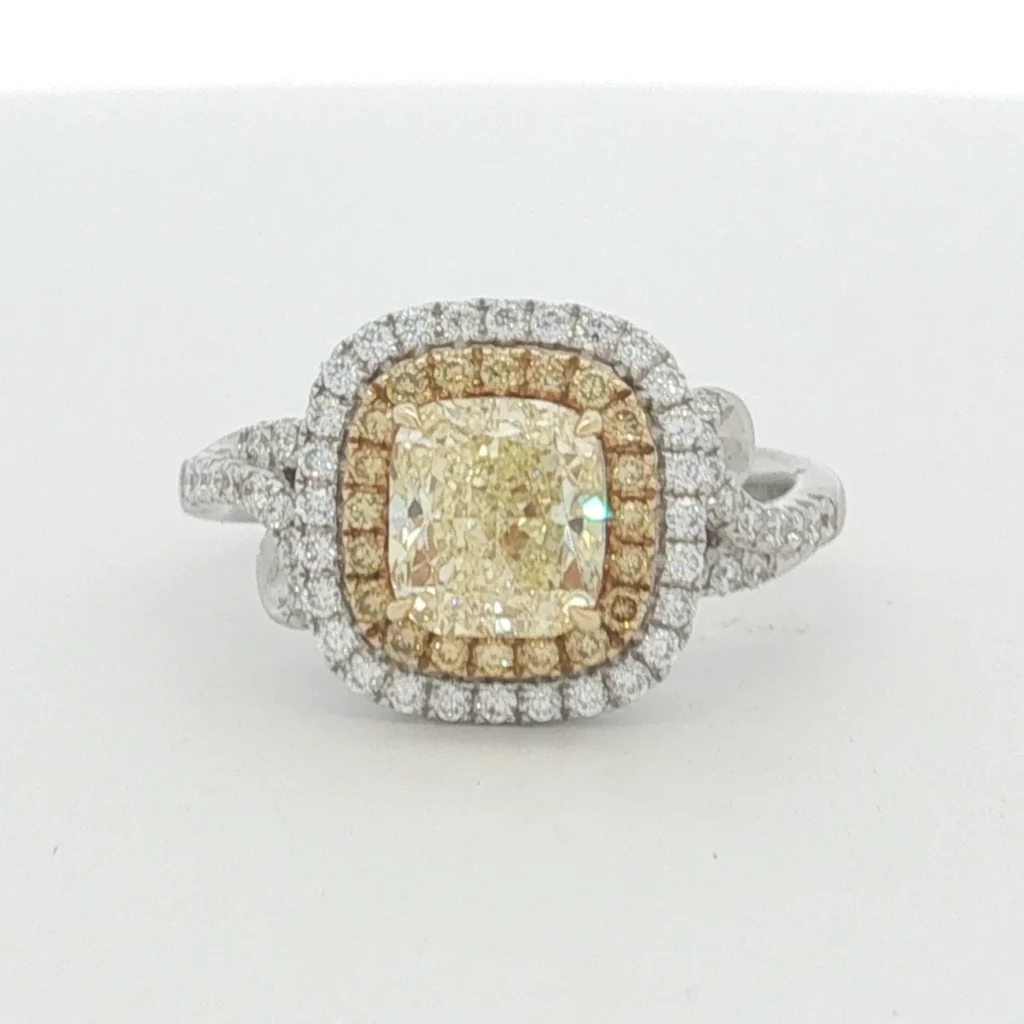 Fancy Yellow Diamond Double Halo Engagement Ring in White Gold
