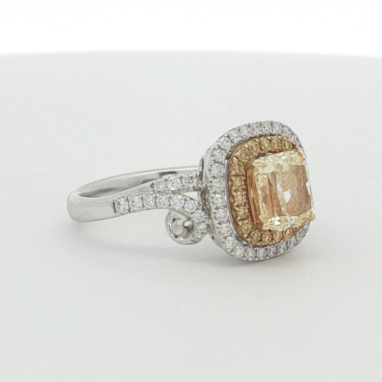 Fancy Yellow Diamond Double Halo Engagement Ring in White Gold