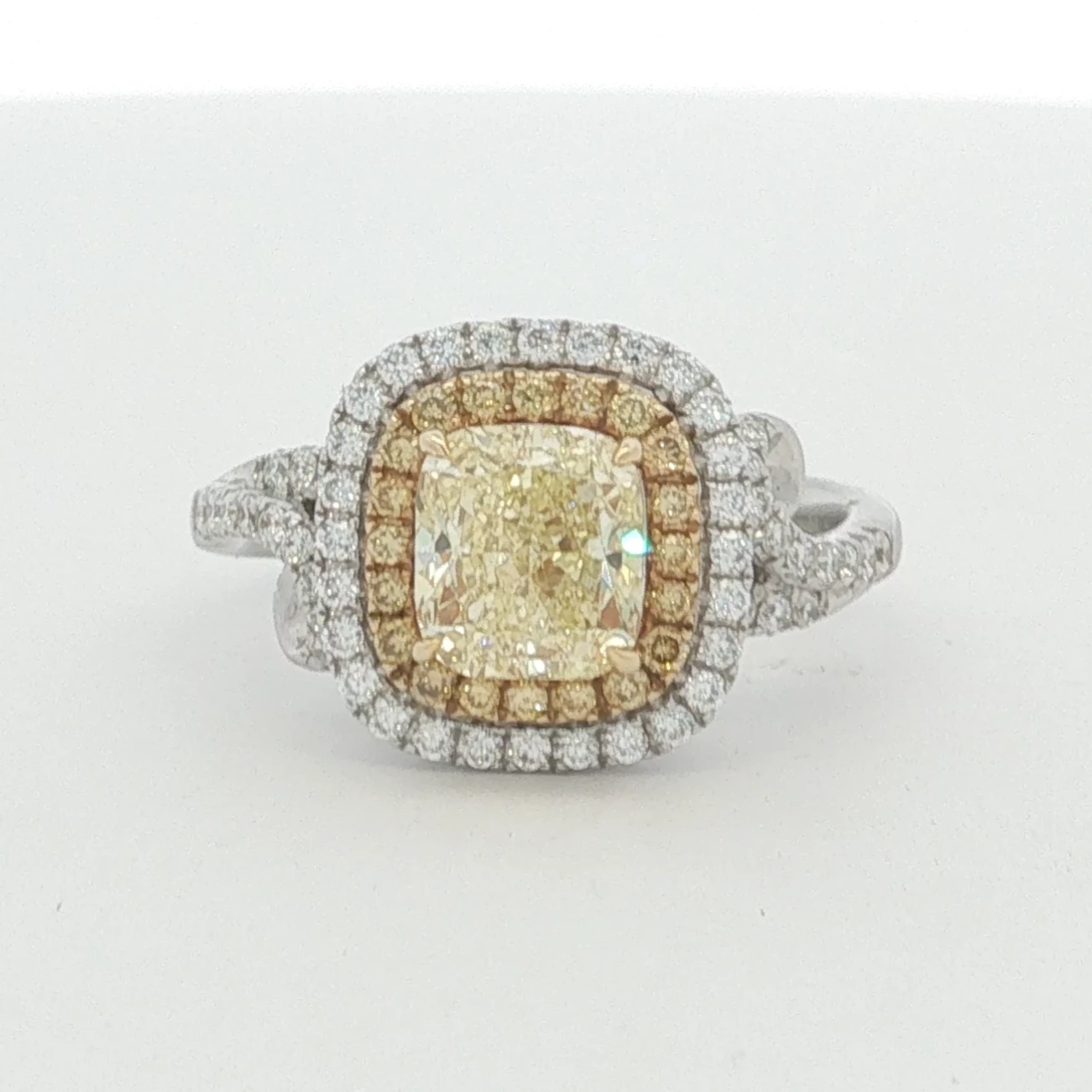 Fancy Yellow Diamond Double Halo Engagement Ring in White Gold