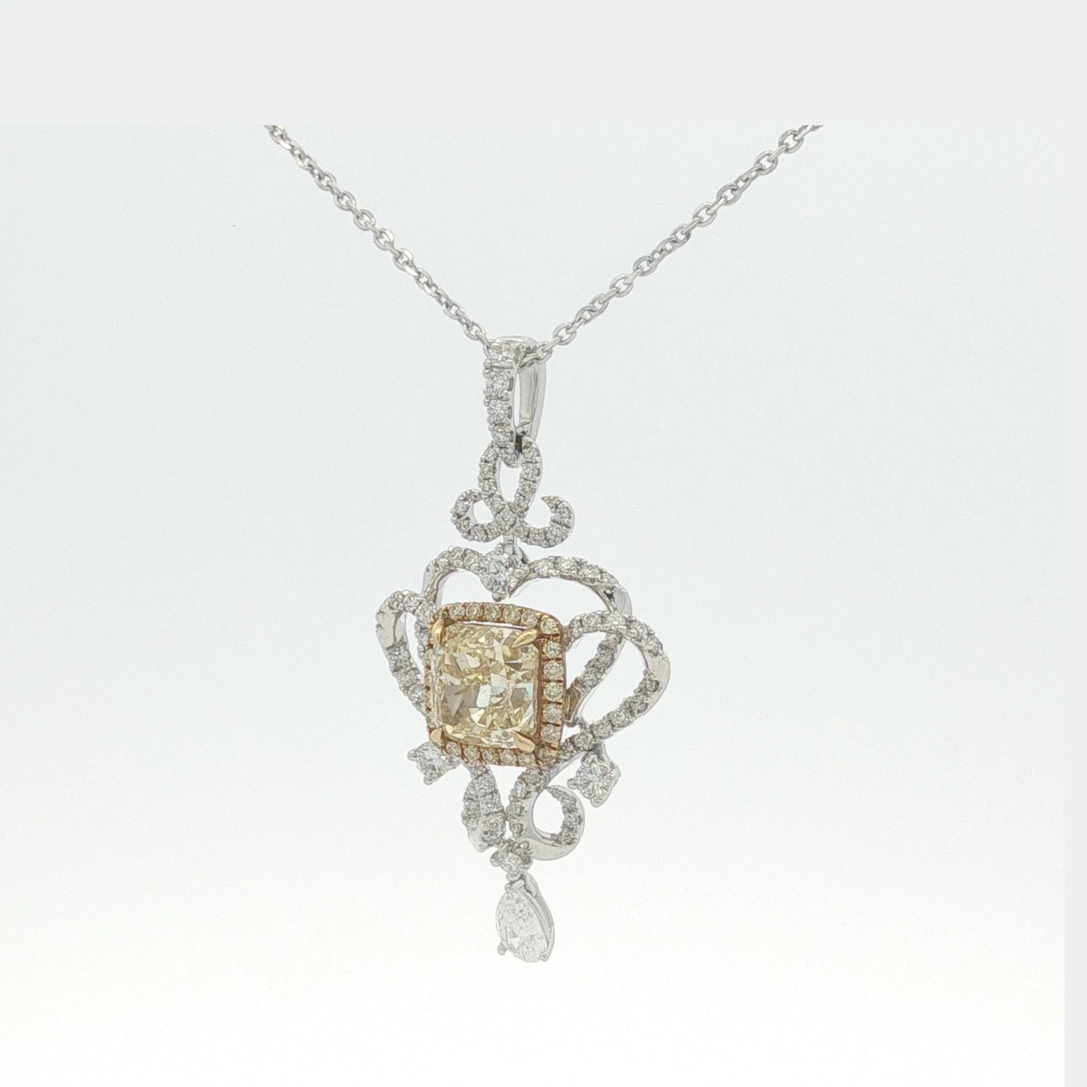 Fancy Yellow Diamond Ornate Scrollwork Pendant — White Gold
