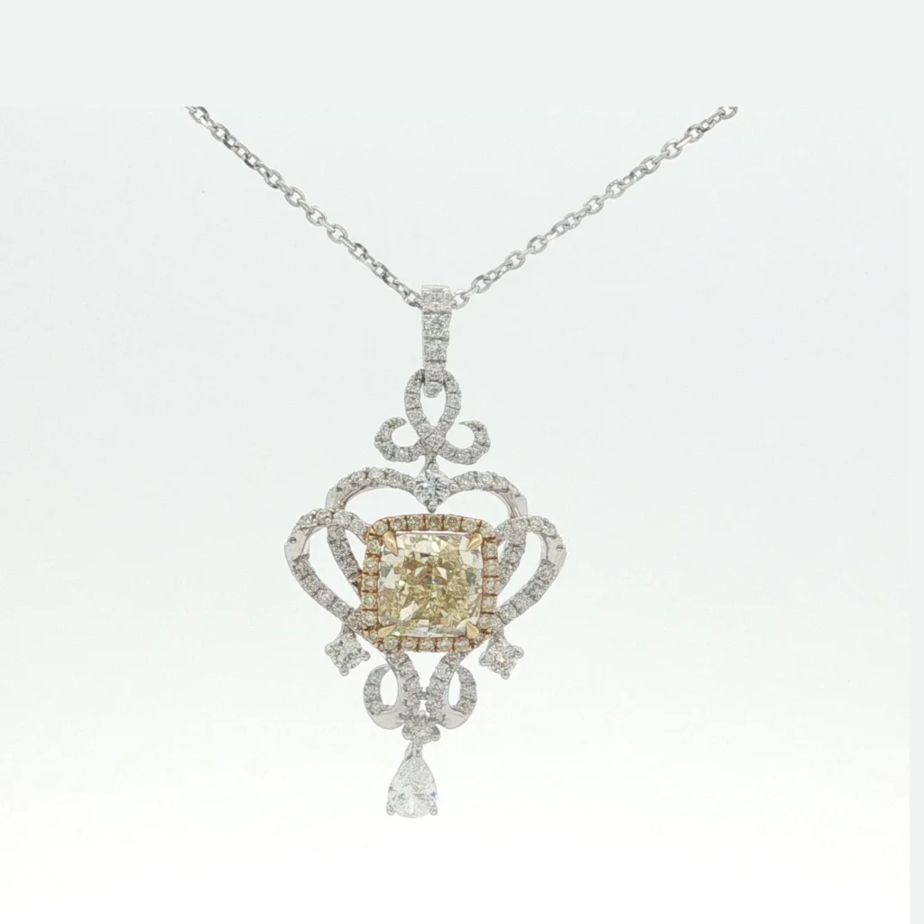 Fancy Yellow Diamond Ornate Scrollwork Pendant — White Gold